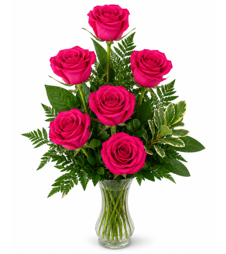 Six Hot Pink Roses. An arrangement by Balloon Bouquets Plus.