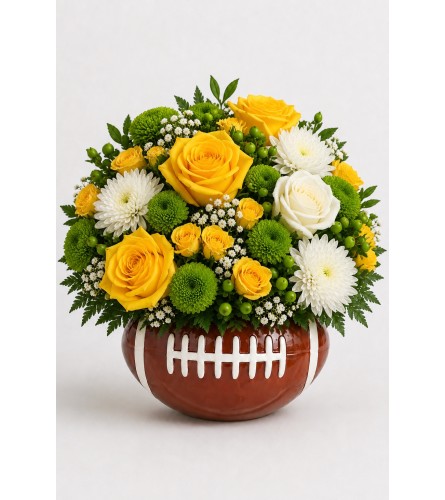 Green and Yellow Game Day Blooms. An arrangement by Cincyfloralnista.