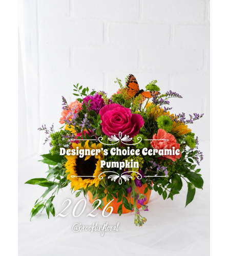 Cheerful Designer's Choice Ceramic Pumpkin Centrepeice - Deluxe. An arrangement by Brooklin Floral and Garden Shoppe Inc..