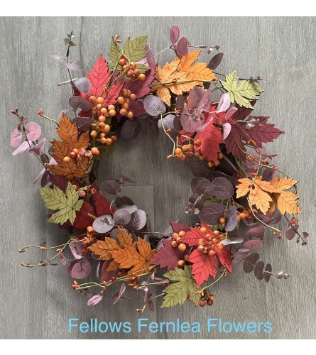 Autumn Wooden Leaf Wreath - Deluxe. An arrangement by Fellows Fernlea Flowers.
