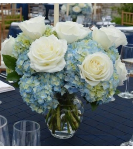 BLUE HYDRANGEA and WHITE ROSES. An arrangement by Flowers by Priscilla.