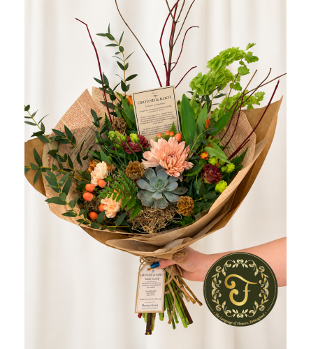 Ground and Root — Wrapped Bouquet. An arrangement by Lori's Hearts and Flowers.