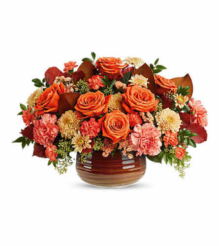Teleflora's Rustic Ember Centerpiece - Deluxe. An arrangement by Marivel's Florist and Gifts.