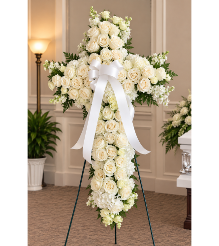 Eternal Purity Cross. An arrangement by Sonia's Florist.