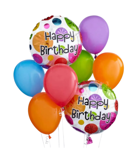 Colorful Birthday Balloon Bouquet. An arrangement by North Liberty Flower Shop.