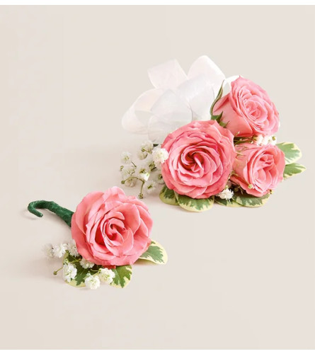 Pink Spray Rose Corsage and Boutonniere - Standard. An arrangement by Sicola's Florist. Delivery Instructions.