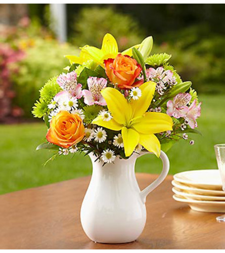 Fields of Europe™ in White Ceramic Pitcher - Standard. An arrangement by Susana's Flowers.