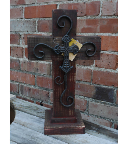 Wooden Cross with iron scroll