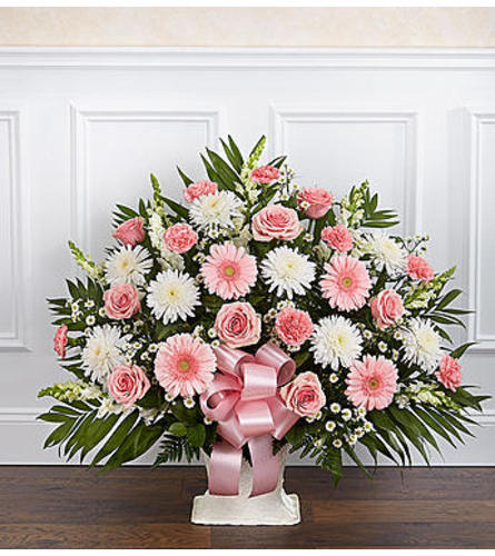 Heartfelt Tribute Pink & White Floor Basket