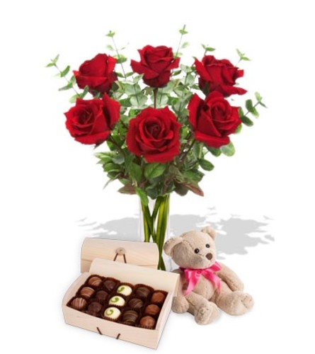 Roses Chocolates and Teddy Bear