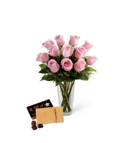 The FTD® Pink Rose and Godiva® Bouquet - Standard. An arrangement by Honie Rose Design.