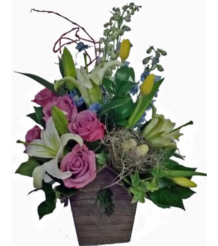 Birdhouse flower arrangement