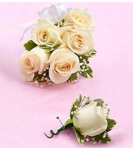 White Rose Corsage & Boutonniere