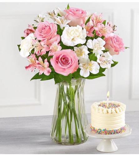 Cherished Blooms Bouquet with Vase & Time to Celebrate Cake