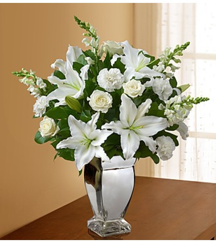 All White Arrangement in Silver Vase