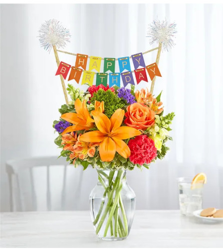 Vibrant Floral Medley™ with Happy Birthday Banner - Standard. An arrangement by Lovingly.