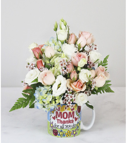 Thanks Mom Mug. An arrangement by Clark's House of Flowers.