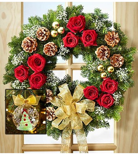 Fresh Evergreen Wreath with Flowers