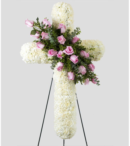 Standing Cross with White and Pink Carnations