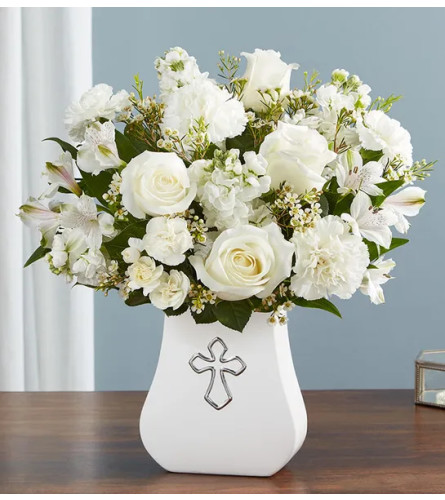 All White Funeral Vase Arrangement