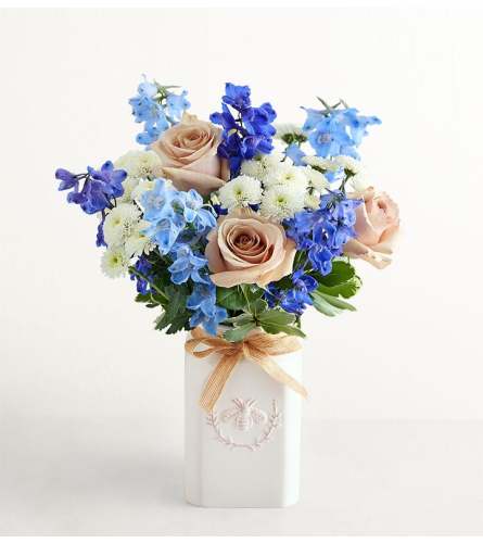 The Honey Bee Buzz™ Delphinium Bouquet - Deluxe. An arrangement by Sicola's Florist.