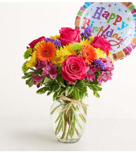 The Fields of Europe® Celebration with Happy Birthday Balloon - Deluxe. An arrangement by Flowers of Jacksonville.