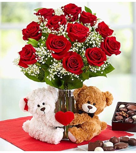 teddy bear with roses and chocolates