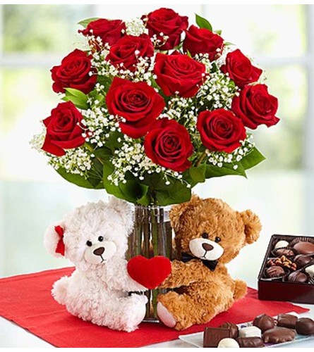 teddy bear with flowers and chocolate