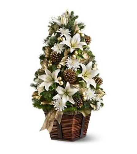 White Lily Christmas Tree. An arrangement by Seithel's Florist.