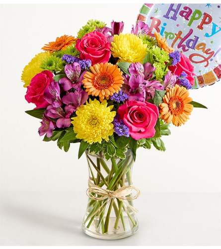 The Fields of Europe® Celebration XL with Happy Birthday Balloon. An arrangement by Sicola's Florist.
