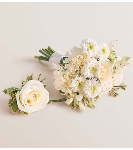 The Prom Bouquet and Boutonniere - White - Standard. An arrangement by Flowers of Jacksonville.