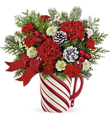 Teleflora's Send a Hug Festive Candy Cane Bouquet - Standard. An arrangement by GardeLina Flowers.