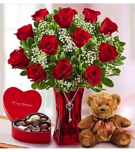 Abundant Love™ - Bear, Chocolate, and Key - Standard. An arrangement by Susana's Flowers.
