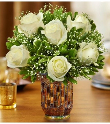 Roses in a Mosaic Vase - White