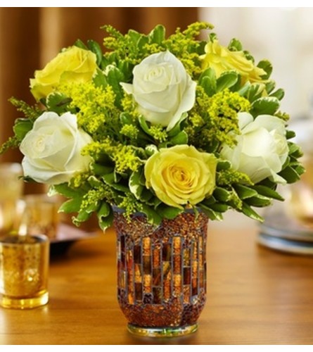 Roses in a Mosaic Vase - Yellow and White