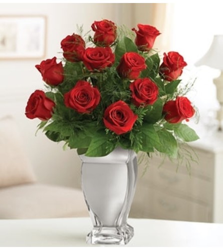 12 Red Premium Long Stem Roses in Silver Vase