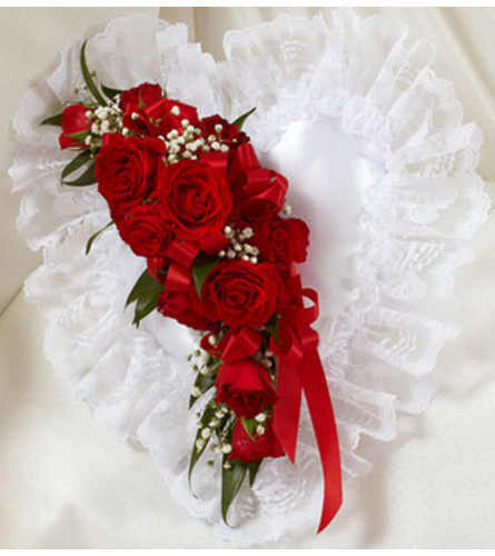 Red and White Satin Heart Casket Pillow