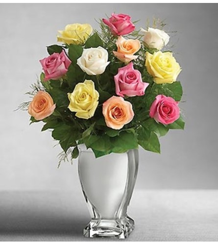 Premium Long Stem Multi Roses in Silver Vase