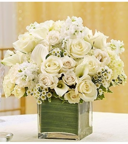 All White Centerpiece in a Cube Vase