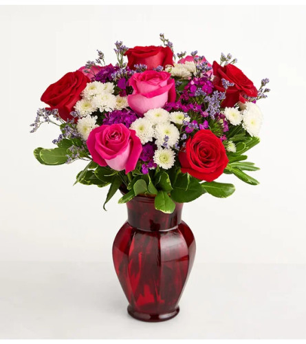 Key To My Heart in Red Vase - Deluxe. An arrangement by Flowers of Charlotte.