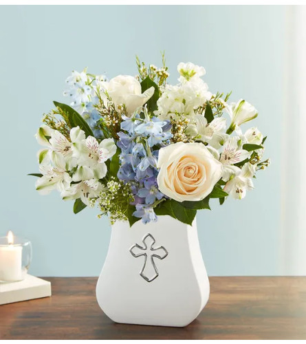 Sacred Blessings™ Blue and White - Standard. An arrangement by Sicola's Florist.