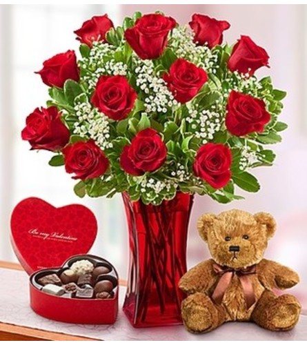 Valentine's Day 18 Stem Red Roses With Chocolate & Wine