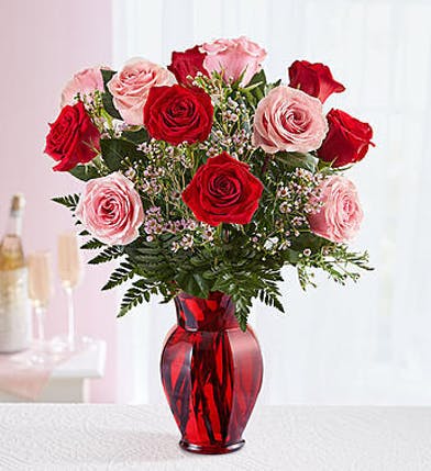 One Dozen Pink and Red Roses in Red Vase. An arrangement by Flowers of Jacksonville.
