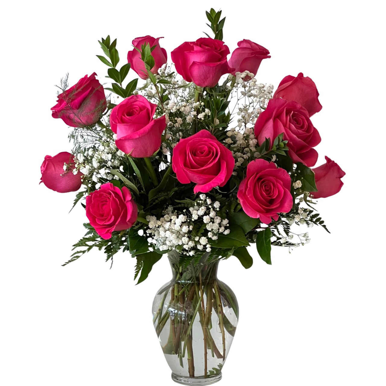 12 Classic Hot Pink Roses. An arrangement by Love Story Florist.