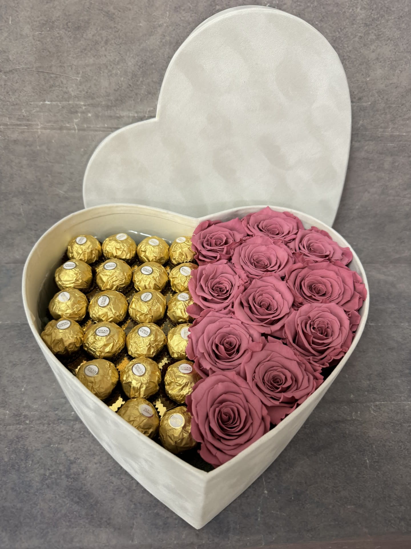 PRESERVED ROSES and CHOCOLATES. An arrangement by Sweet Blossoms.