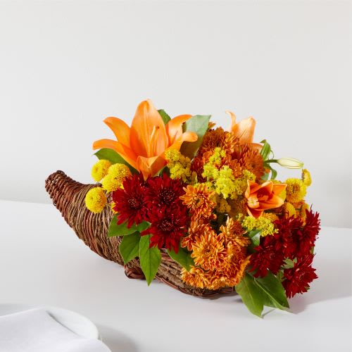 Harvest Cornucopia Centerpiece. An arrangement by EverBlooming Luxe Designs.
