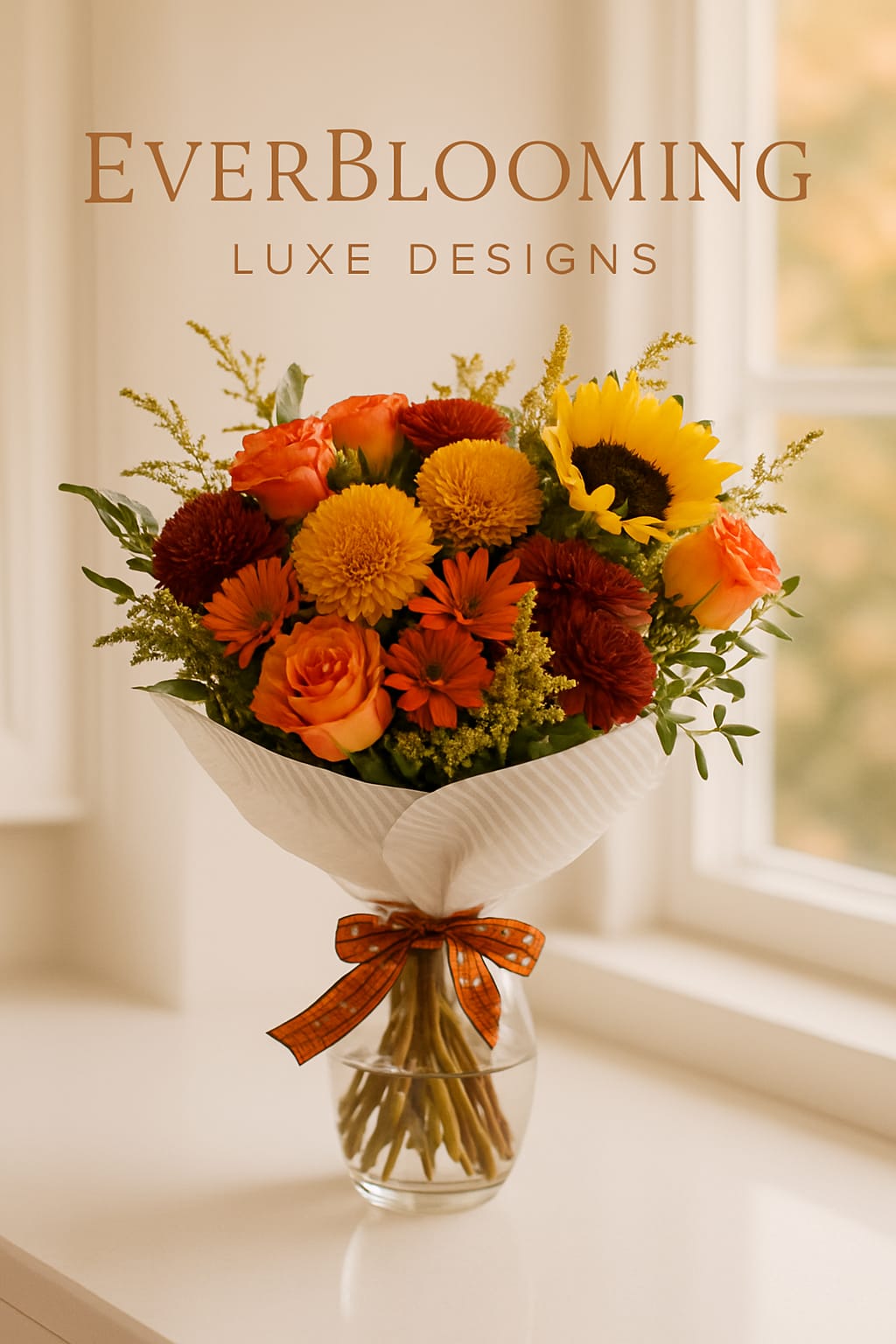 Sunflower and Fall Rose Bouquet. An arrangement by EverBlooming Luxe Designs.