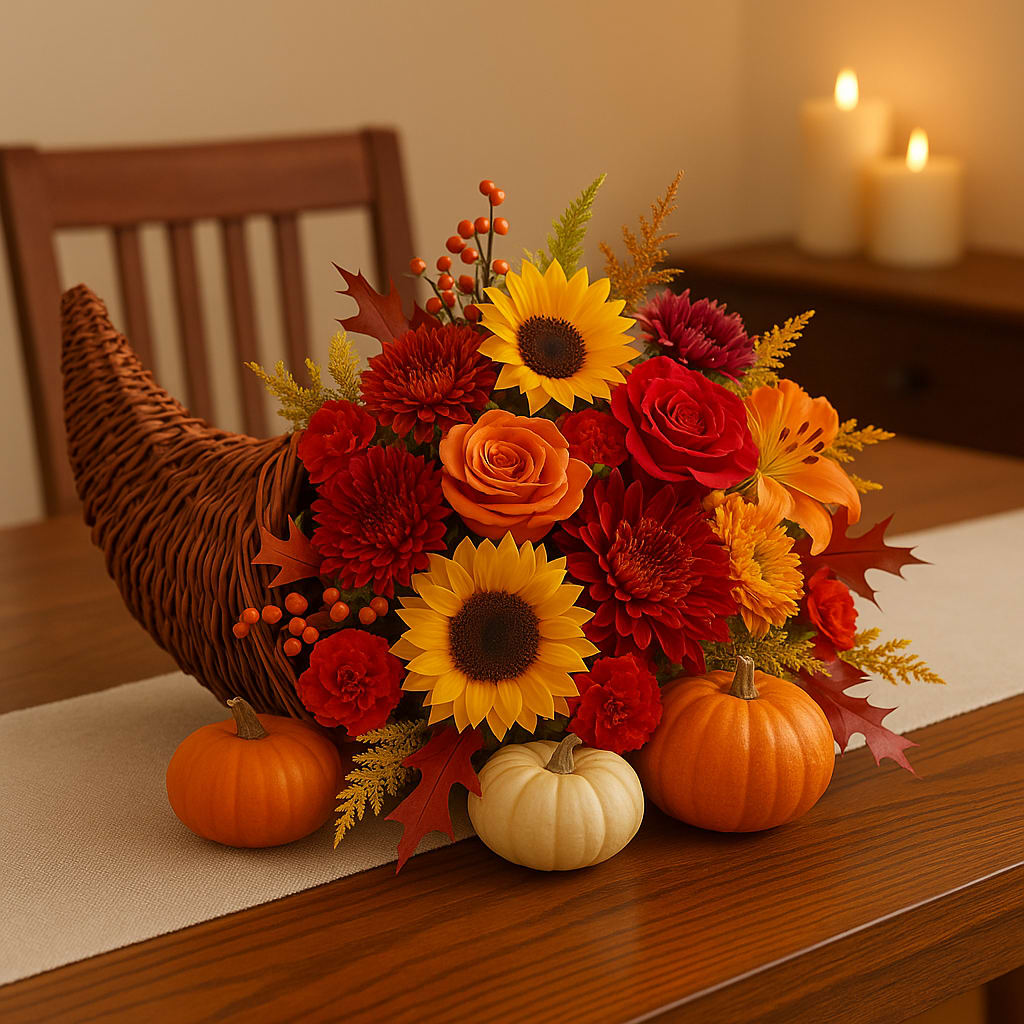 Autumn Blessings Cornucopia. An arrangement by A Touch of Elegance Florist and Events LLC.