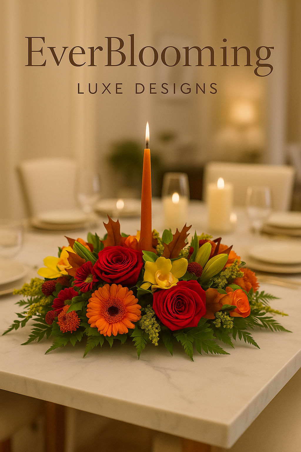 Thanksgiving Centerpiece with Red Roses. An arrangement by EverBlooming Luxe Designs.