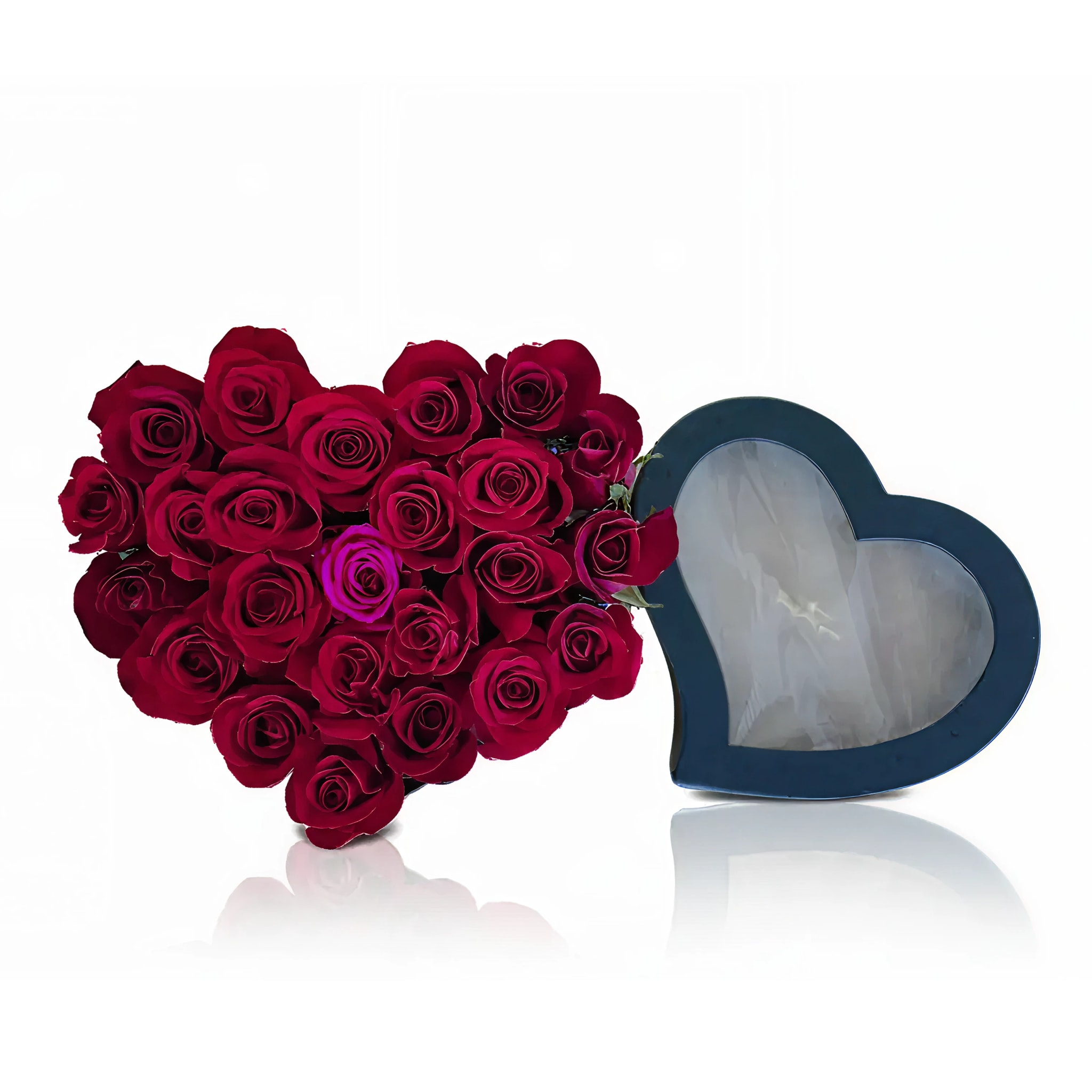 Red Roses In A Heart Shaped Box. An arrangement by La Bolsa Rosa.